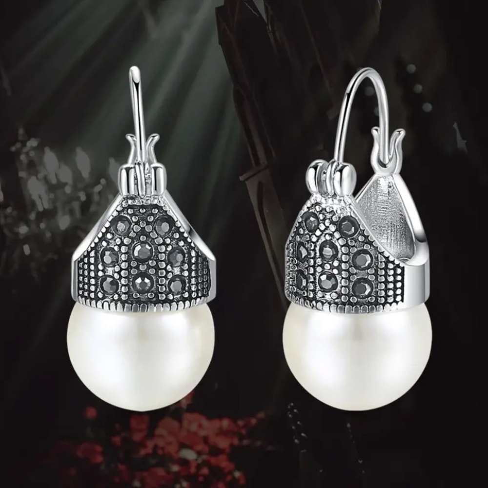 9.25 Sterling Silver, Black Swarovski Crystal & Baroque Pearl Earrings 1.5”